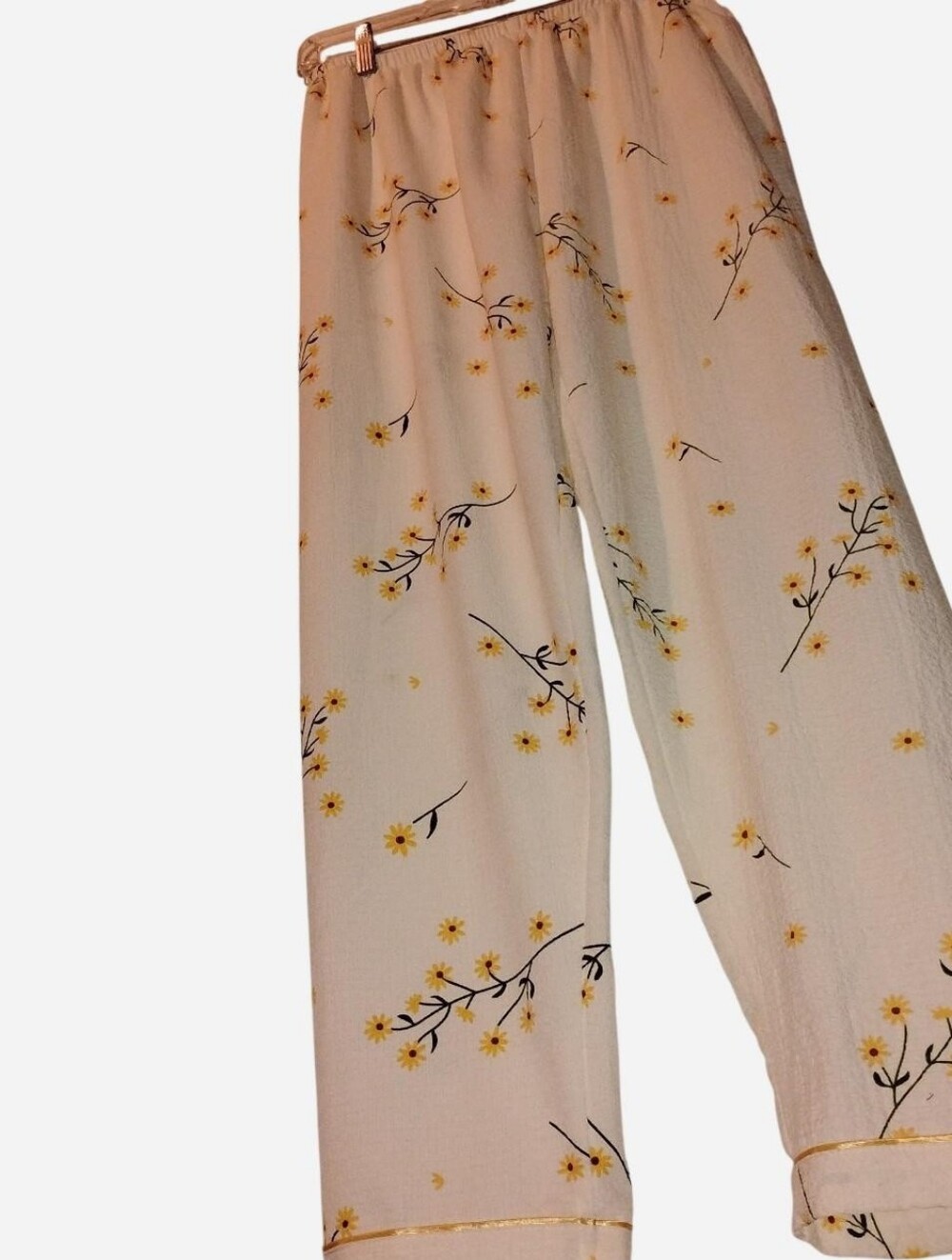Floral Pajama Pants Large White Yellow Daisy Plisse Seersucker Wide Leg Lounge